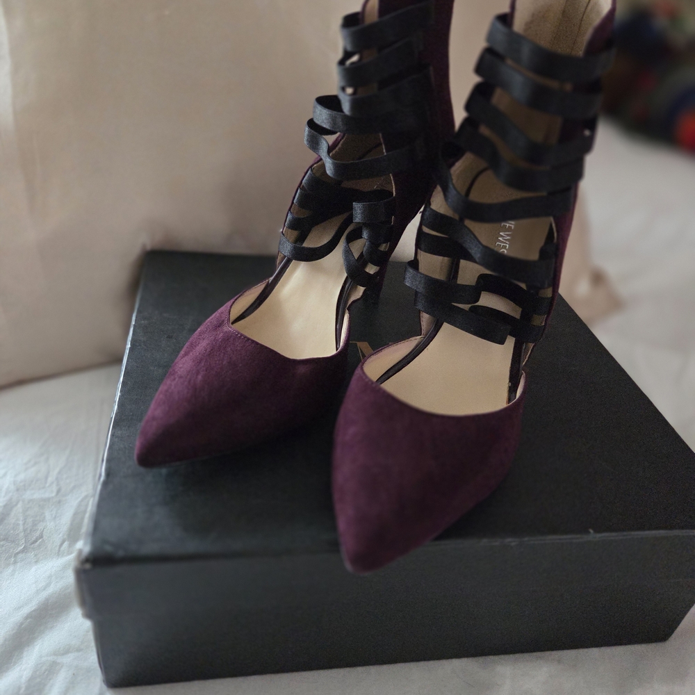 Nine West Plum Suede Pointed Pumps with Black Strappy Cage Heel